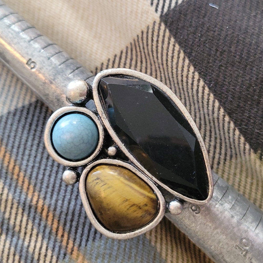 Stretchy black Onyx, Tiger eye and Turquoise looking ring